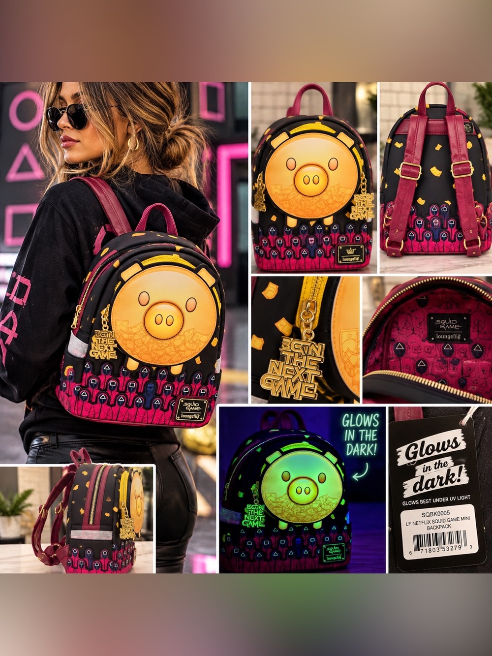 Loungefly Squid Game Piggy Bank Mini Backpack Glow in the Dark NWT Netflix